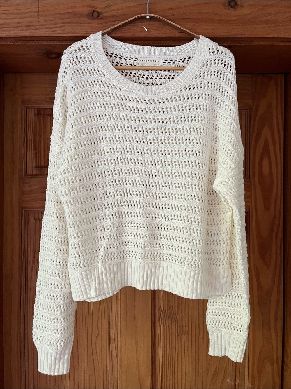 Aeropostale Cream Open-Knit Crochet Crewneck Sweater